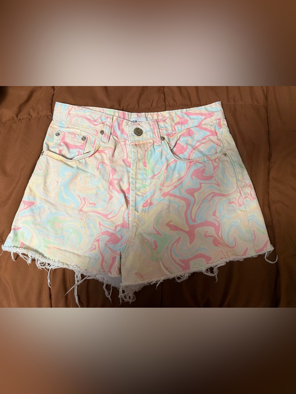 Zara Pastel Swirl High-Waist Women’s Denim Shorts w/Button Fly Size 8
